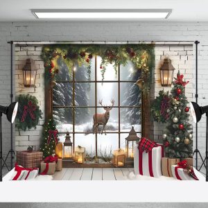 Aperturee Brick Interior Window Reindeer Christmas Backdrop