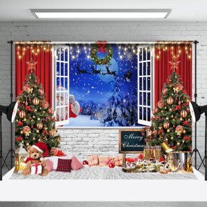 Aperturee Brick Wall Curtain Window Santa Night Xmas Backdrop