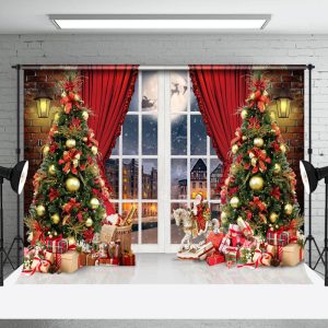 Aperturee Brick Wall Window Curtain Christmas Tree Backdrop - Aperturee