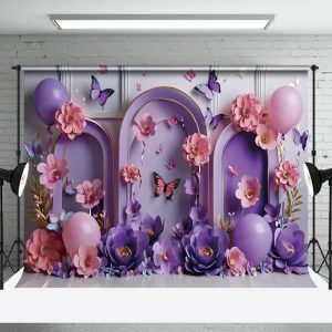 Aperturee Butterfly Purple Birthday Cake Smash Backdrop For Photo