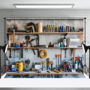 Aperturee Cement Wall Auto Repair Tools Shelf Photo Backdrop