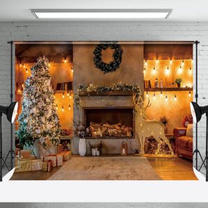 Aperturee Christmas Night Room Lights Fireplace Tree Backdrop