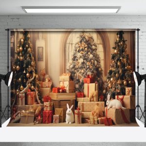 Aperturee Christmas Scene Golden Ornaments Rabbit Backdrop