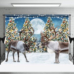 Aperturee Christmas Tree Reindeer Moon Holiday Photo Backdrop - Aperturee