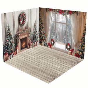 Aperturee Christmas Vibe Fireplace Window Room Set Backdrop | Christmas Photo Booth Backdrop | Xmas Backdrop | Christmas Backdrops For Photography
