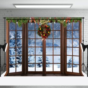 Aperturee Christmas Wreath Window Holiday Cozy Winter Backdrop - Aperturee