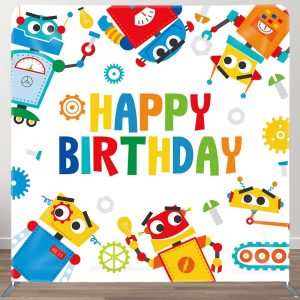 Aperturee Colorful Construction Site Robot Birthday Backdrop | Pillow Case Backdrop | Fabric Pop Up Straight Display | Square Arch Fabric Backdrop