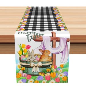 Aperturee Colorful Floral Bunny Black Plaid Easter Table Runner | Seasonal Printed Table Runner | Table Runner For Dining Table | Printed Table Runner
