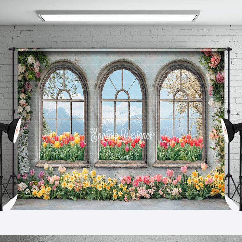 Aperturee Colorful Floral Retro Window Natural Scene Backdrop | Spring Backdrop For Pictures | Spring Flower Backdrop | Spring Photo Back Drop