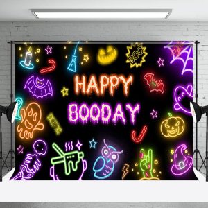 Aperturee Colorful Neon Ghosts Black Happy Booday Backdrop - Aperturee