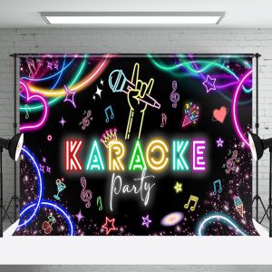 Aperturee Colorful Neon Microphone Karaoke Party Backdrop - Aperturee