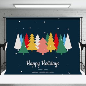 Aperturee Colorful Pine Trees Blue Happy Holidays Backdrop - Aperturee