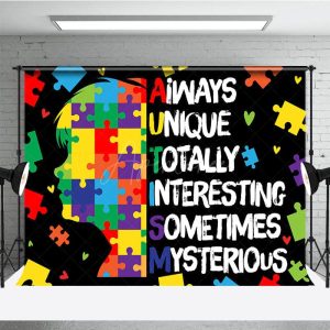 Aperturee Colorful Puzzle Kid Brain Autism Awareness Backdrop, 3X2FT(1MX0.6M), 14 USD, commemorative backdrops, DMHD6Y01-M