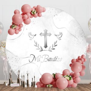 Aperturee Cross Leaves Silver Marbled Round Baptism Backdrop - Aperturee
