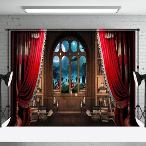 Aperturee Curtain Bookshelf Candle Pumpkin Halloween Backdrop - Aperturee