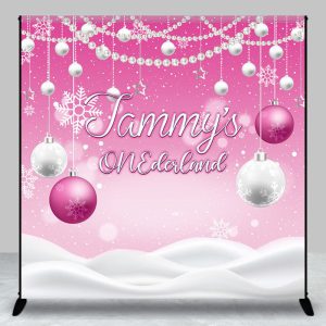 Aperturee Custom Name Pink White Bell Snow Onederland Backdrop - Aperturee