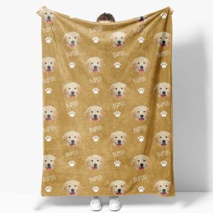 Aperturee Custom Pet Face Name Yellow White Paw Print Blanket - Aperturee