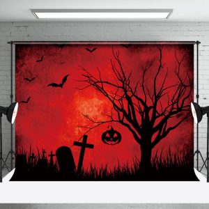 Aperturee Dark Red Sky Wilt Tree Garve Halloween Backdrop - Aperturee