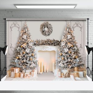 Aperturee Elegant White Wall Fireplace Christmas Tree Backdrop - Aperturee
