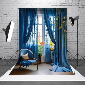 Aperturee Elelgant Blue Curtain Chair Floral Window Backdrop - Aperturee