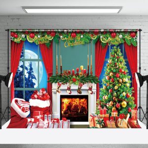 Aperturee Festive Fireplace Tree Window Christmas Backdrop