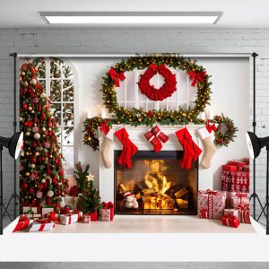 Aperturee Festive White Room Fireplace Tree Christmas Backdrop - Aperturee