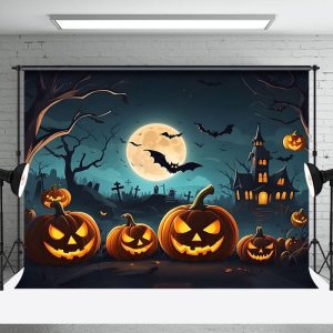 Aperturee Flying Bat Pumpkin Grave Forest Halloween Backdrop - Aperturee