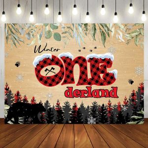 Aperturee Forest Bear Winter Onederland 1st Birthday Backdrop - Aperturee