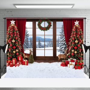 Aperturee Forest Window Scene Red Curtain Christmas Backdrop - Aperturee