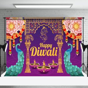 Aperturee Fuchsia Floral Peacock Ganesha Happy Diwali Backdrop - Aperturee