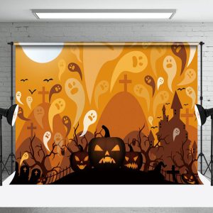 Aperturee Ghostly Cemetery Pumpkins Haunted Halloween Backdrop - Aperturee