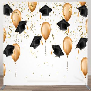 Aperturee Gold Balloons Ribbons Black Caps Graduation Backdrop - Aperturee