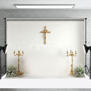Aperturee Gold Cross Candlestick Simple First Communion Backdrop, 3X2FT(1MX0.6M), 14 USD, baptism backdrops, HFHD4J32-M