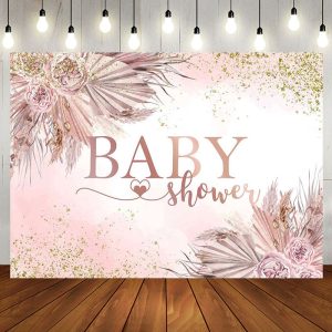Aperturee Gold Glitter Pink Boho Floral Baby Shower Backdrop - Aperturee