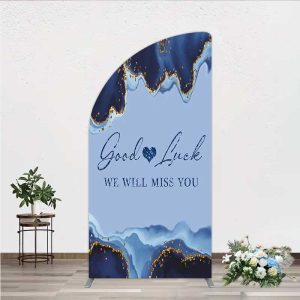Aperturee Good Luck We Will Miss You Retirement Half Moon Arch Backdrop, Blue and Gold Agate, Elegant Farewell Party Decorations, 1.6x4ft (50x120cm)