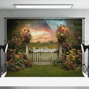 Aperturee Green Field Fence Floral Sunset Spring Backdrop, 3X2FT(1MX0.6M), 14 USD, spring backdrops, ENHD2J10-M