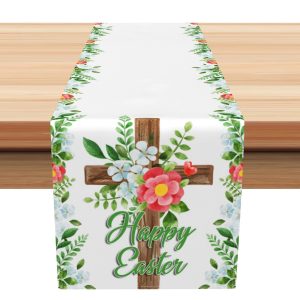 Aperturee Green Leaves Corss Floral Happy Easter Table Runner | Custom Printed Table Runner | Custom Table Cloth Runner | Flower Table Runner