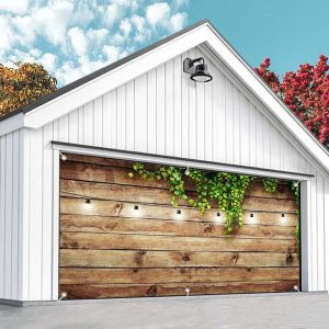 Aperturee Green Leaves Light Brown Plank Garage Door Banner