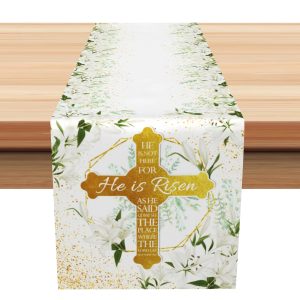 Aperturee Greenery Gold He Is Risen Cross Easter Table Runner | Personalized Table Runners | Custom Printed Table Runner | Printed Table Runner