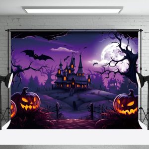 Aperturee Haunting Halloween Castle Twilight Bats Backdrop - Aperturee