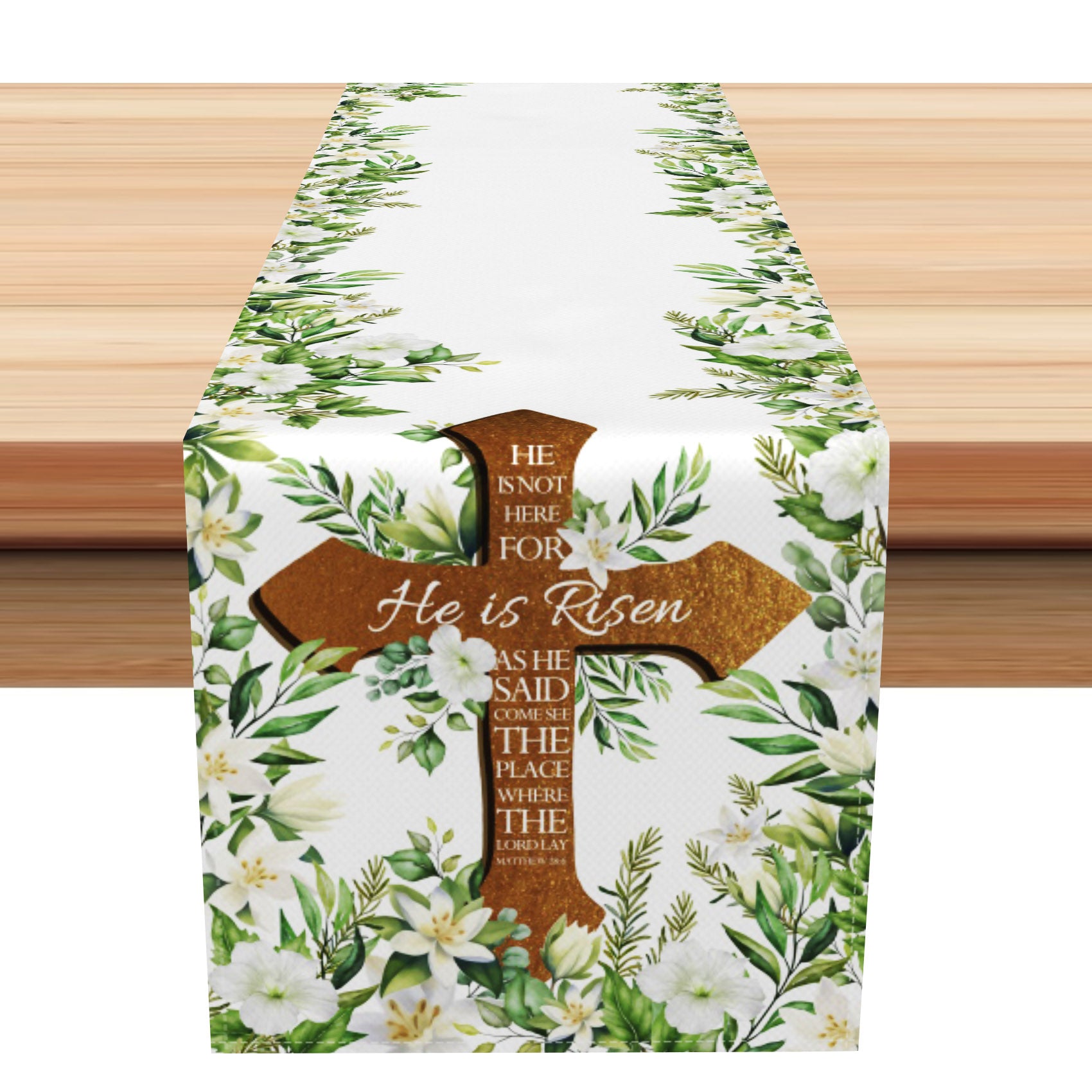 Aperturee He Is Risen Cross Easter Plant Leaves Table Runner | Table Runner For Dining Table | Table Decorations | Personalized Table Runners