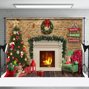 Aperturee Indoor Christmas Scene Lit Fireplace Tree Backdrop - Aperturee