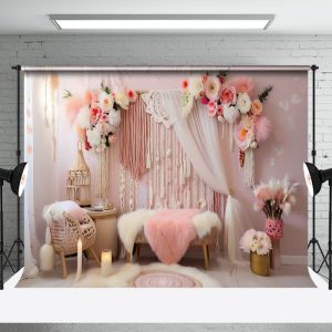 Aperturee Indoor Pink Boho Tassel Floral Candle Photo Backdrop