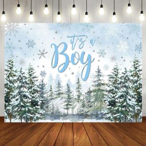 Aperturee Its A Boy Snowy Forest Trees Baby Shower Backdrop - Aperturee