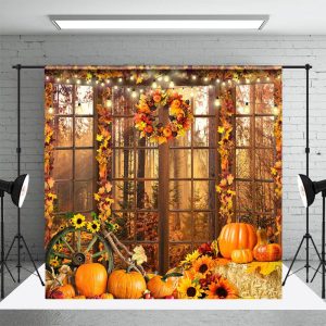 Aperturee Leaves Autumn Window Pumpkin Photography Backdrop - Aperturee