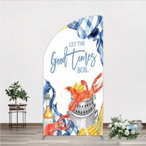 Aperturee Let the Good Times Boil Crawfish Party Half Moon Arch Backdrop, Summer Seafood Boil with Corn, Blue Gingham Photo Prop, 1.6x4ft (50x120cm)