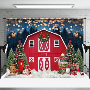 Aperturee Light Bokeh Red Barn Night Forest Christmas Backdrop - Aperturee