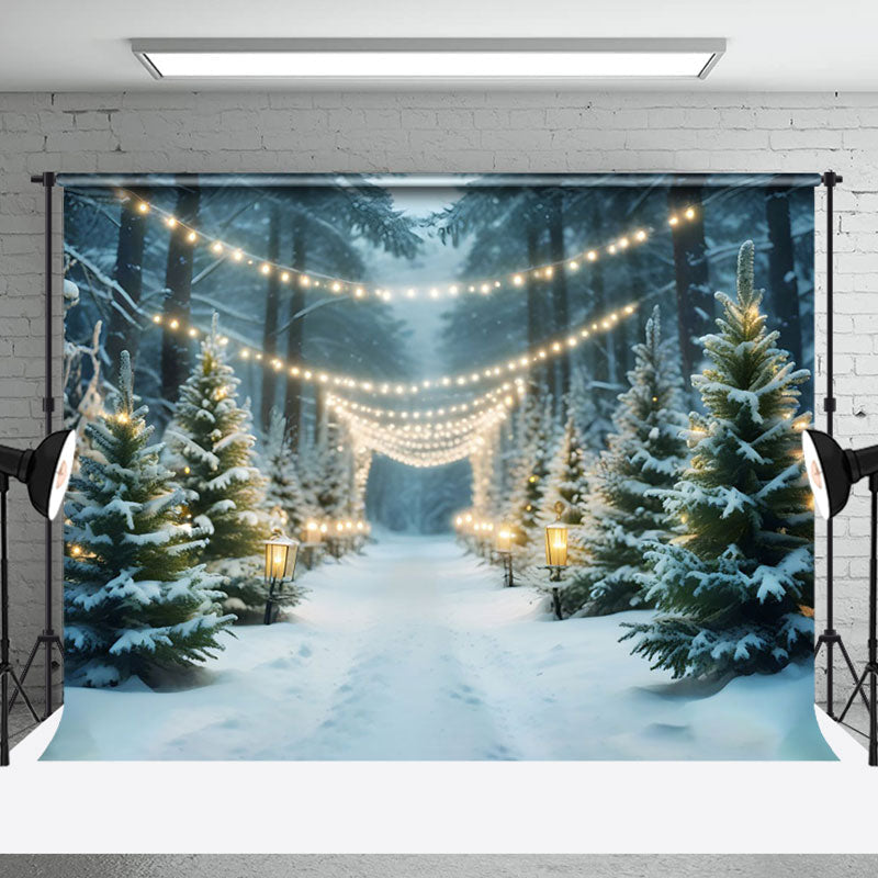 Aperturee Light Strings Snowy Forest Winter Photo Backdrop