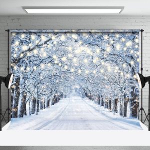 Aperturee Light Strip Snowy Forest Path Winter Photo Backdrop - Aperturee