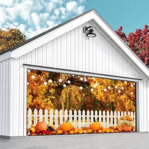 Aperturee Maple Tree Leaves Fence Pumpkin Garage Door Banner